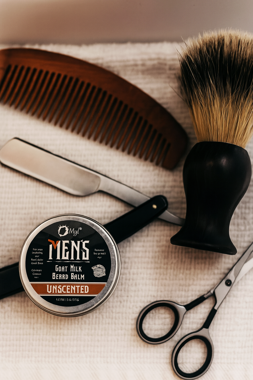 Men's grooming tools including a comb, brush, and scissors on a textured surface with a container of O My! Men's Goat Milk Beard Balm.