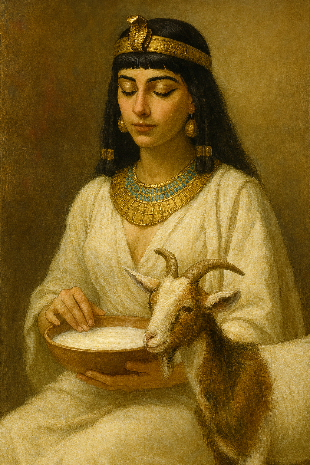 Cleopatra in ancient Egyptian attire holding a bowl with a goat, set against a warm brown background.
