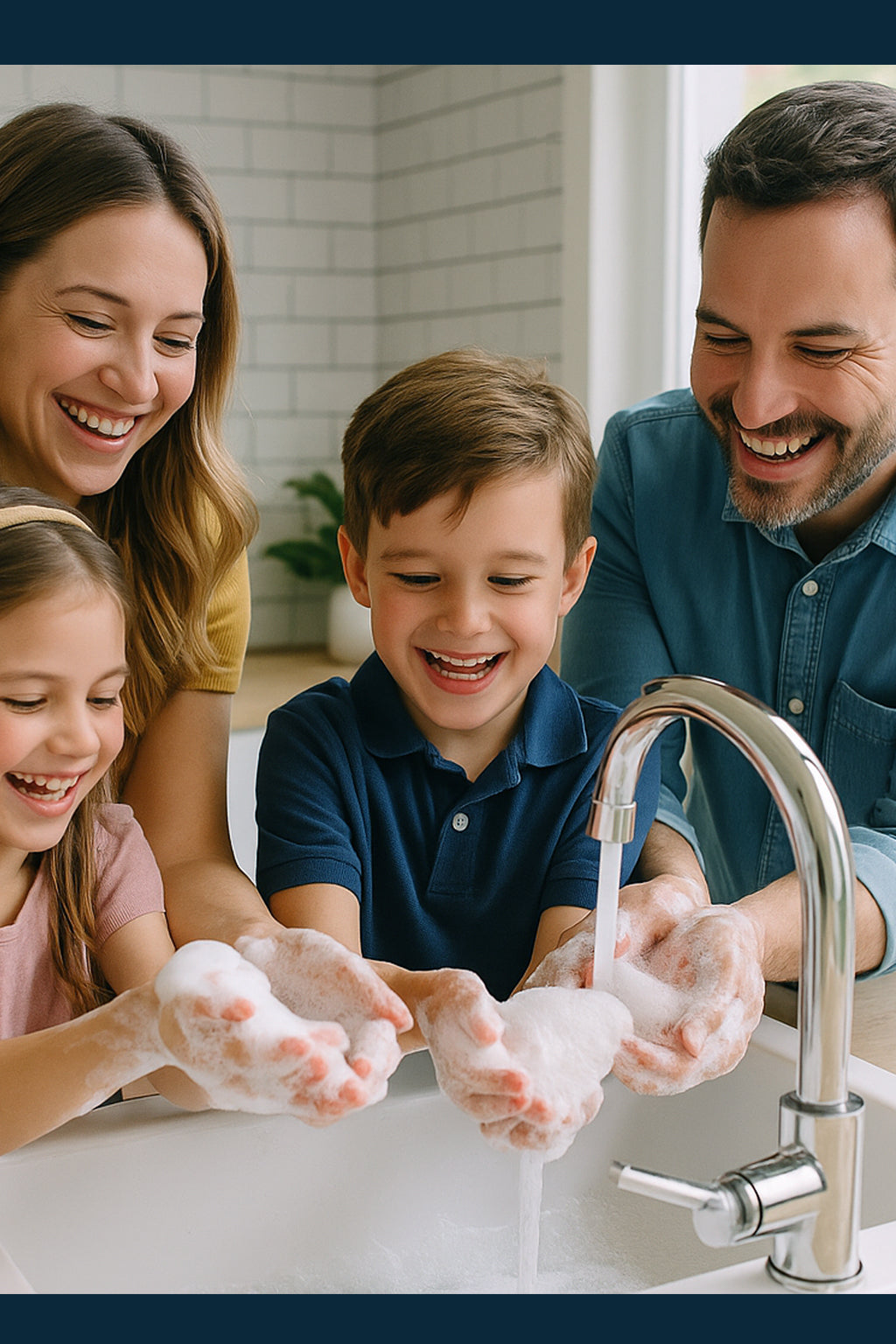 Family of four washing hands together in a kitchen sink with O My! Goat Milk Foaming Hand Wash soap and water.
