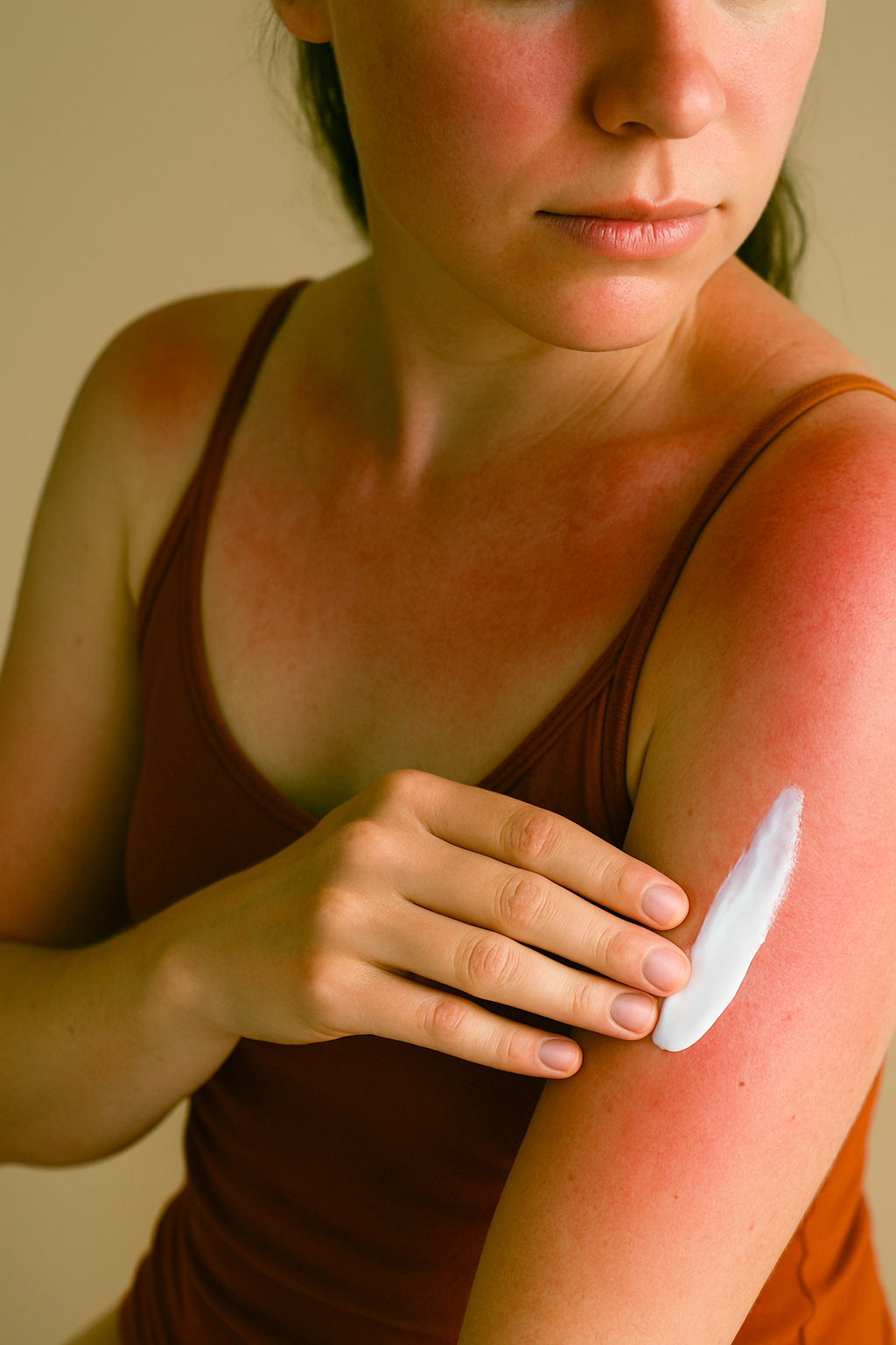 Woman applying O My! raw goat milk lotion to a sunburned arm against a plain background