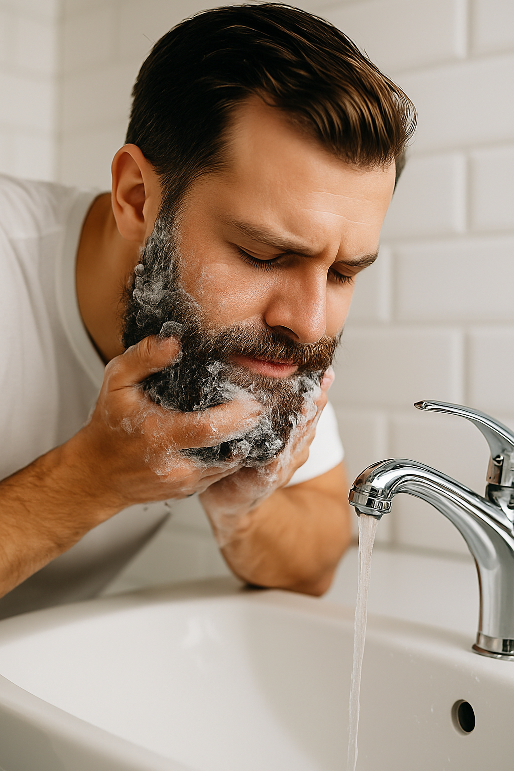 Man washing his beard with soap in a bathroom sink.