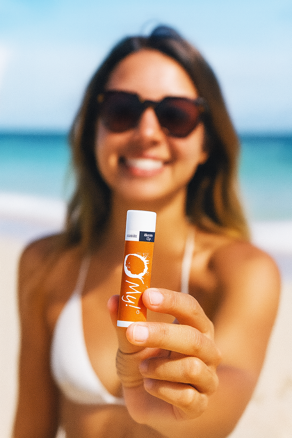 Woman holding an O My! Goat Milk Lip Balm - Mano style - with a beachy ocean in the background
