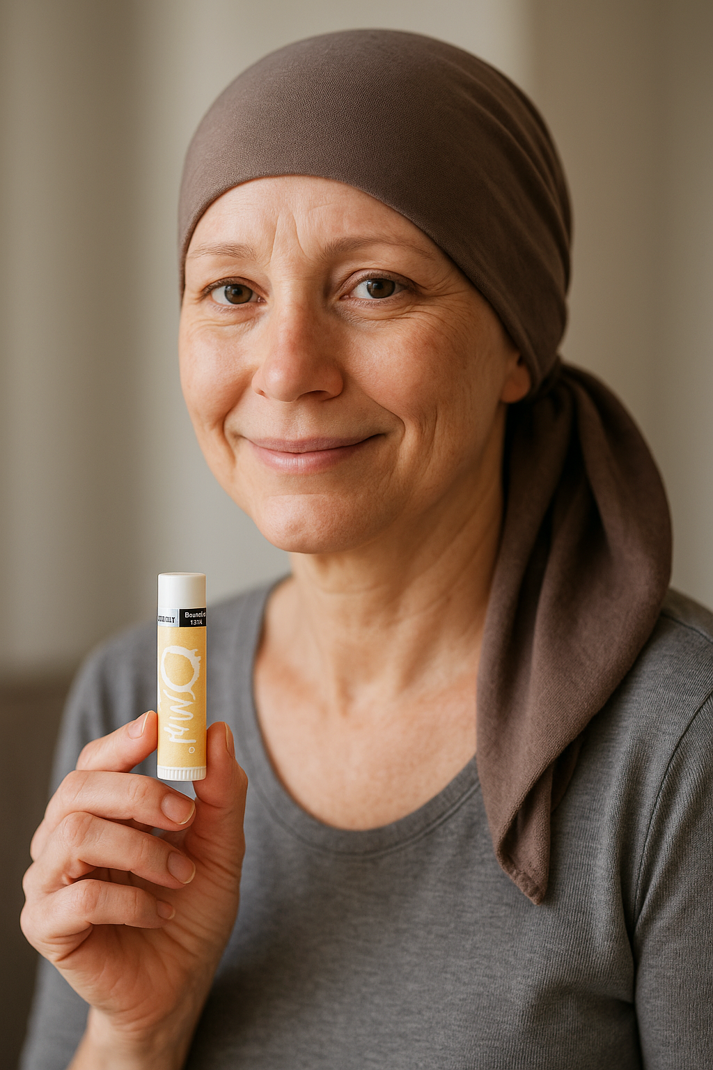 Lady going through chemo is showing off her O My! goat milk lip balm.
