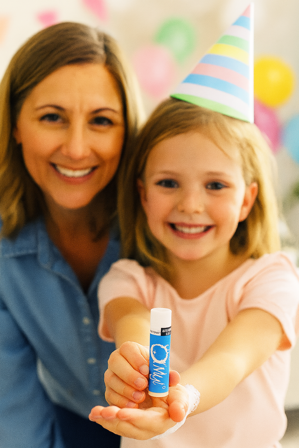 Woman and young girl holding an O My! goat milk lip balm with colorful balloons in the background