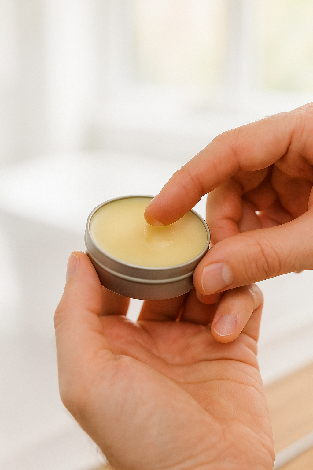 Person applying O My! Goat Milk Beard Bal from a 2oz tin with a white background.