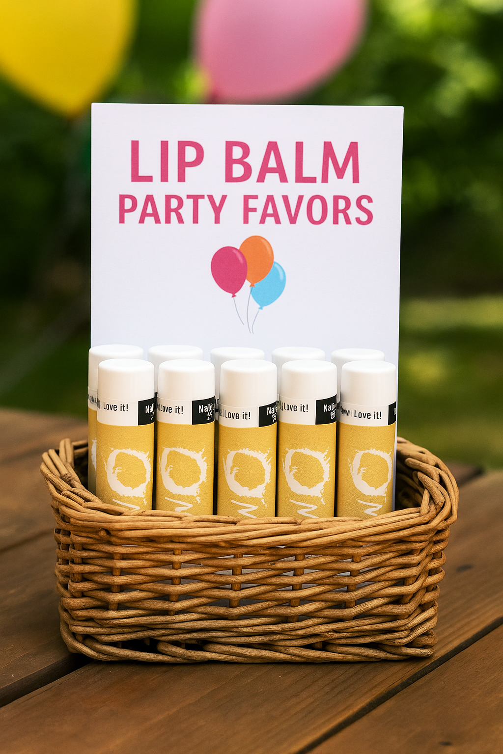 Basket of O My! Goat Milk lip balm party favors with a sign indicating 'Lip Balm Party Favors' on a wooden surface.