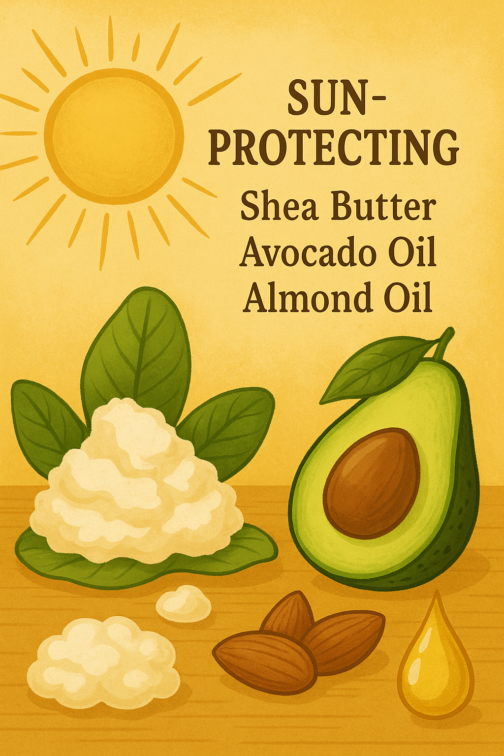 Illustration of shea butter, avocado, almonds, and oil with a sun symbol on a yellow background.