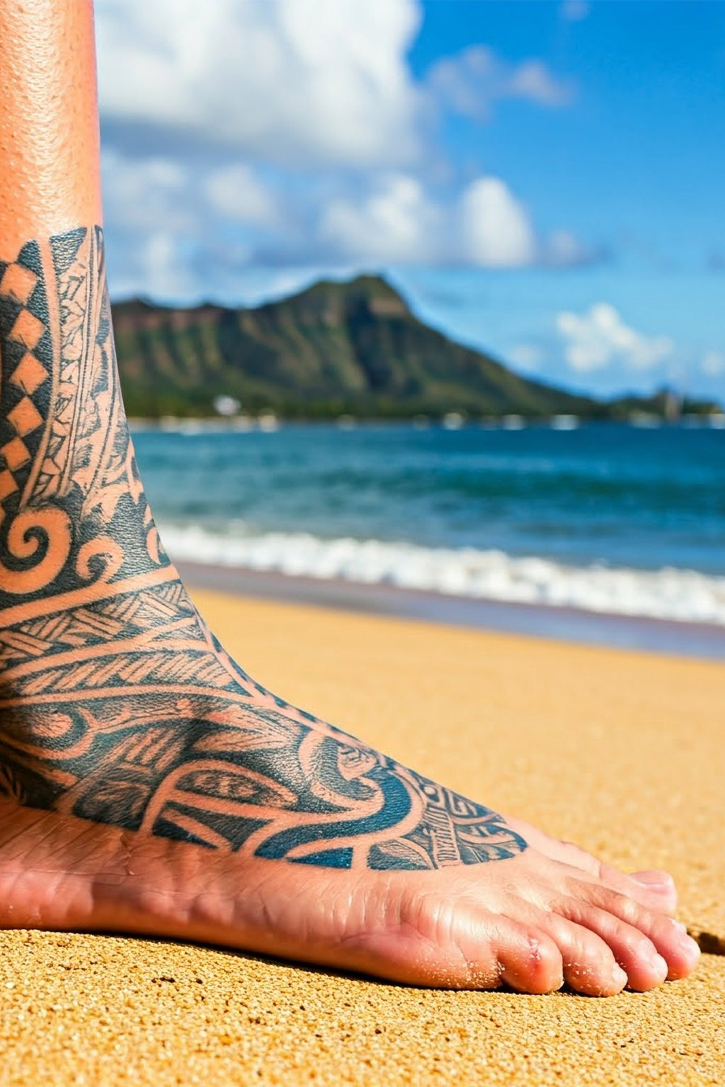 Person with a tattooed foot on a beach with Diamond Head in the background
