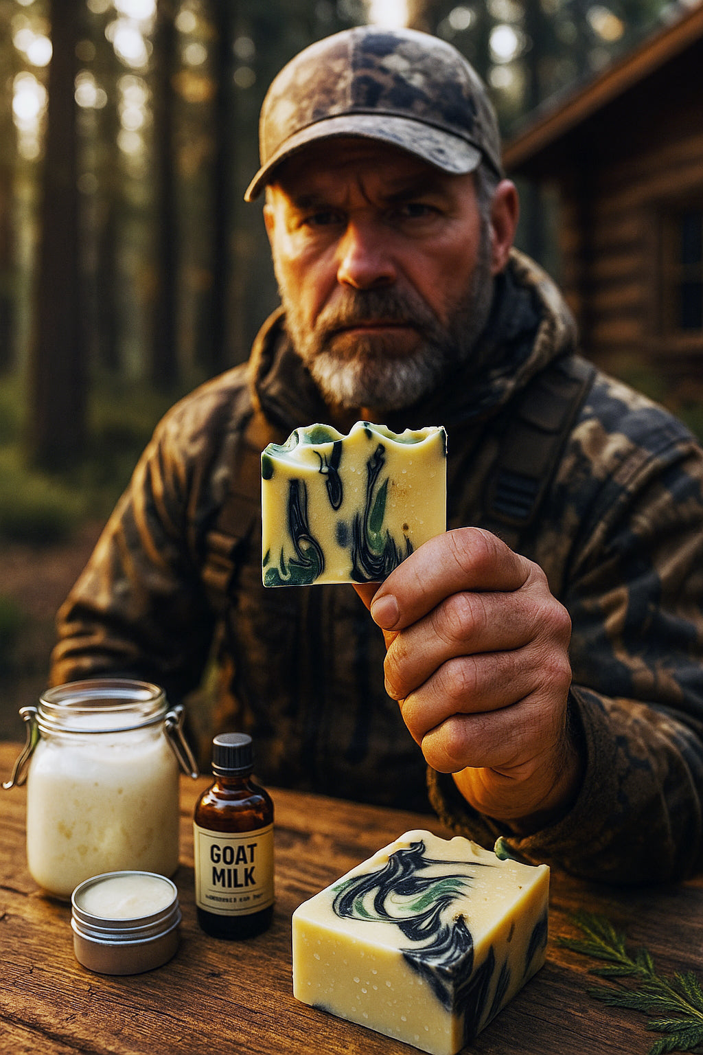 Man holding a bar of O My! goat milk soap with natural ingredients on a wooden table outdoors.