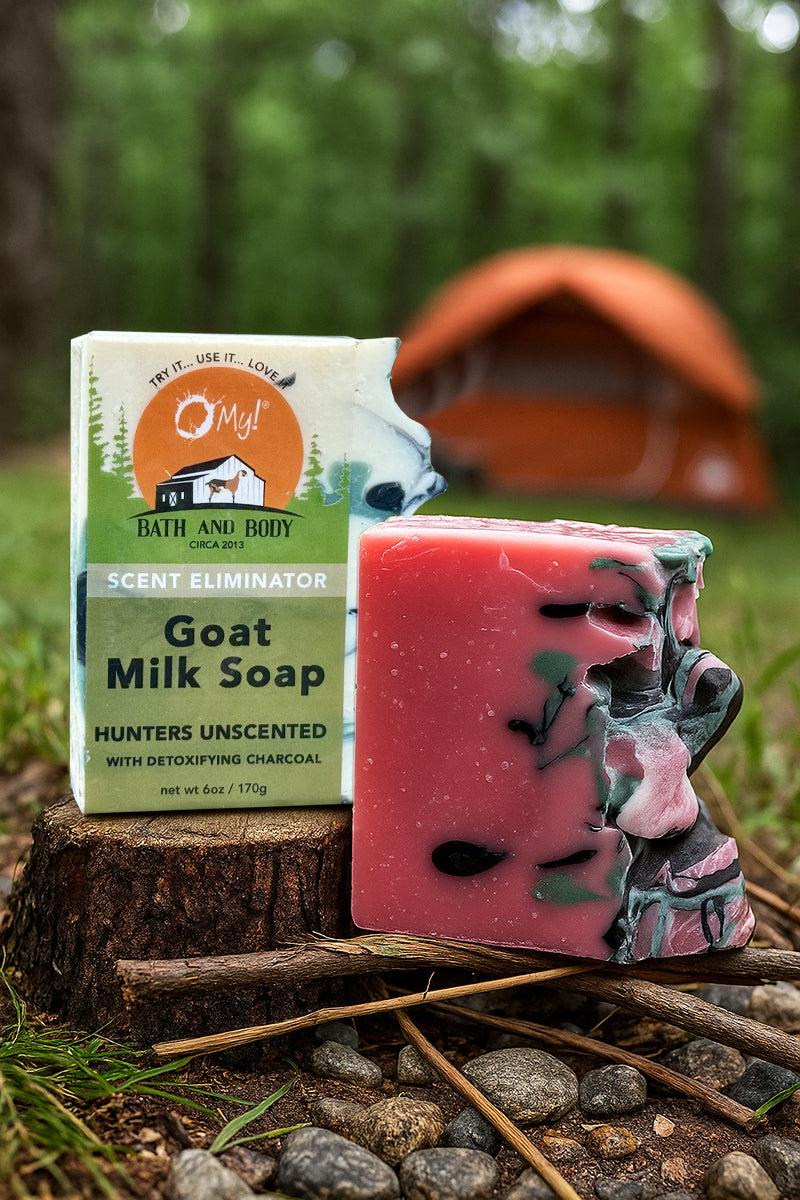 O My! Goat milk Hunters and Huntress soap bar with packaging on a natural background