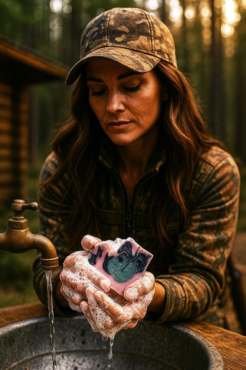 Woman washing hands with O My! goat milk soap outdoors near a wooden structure.