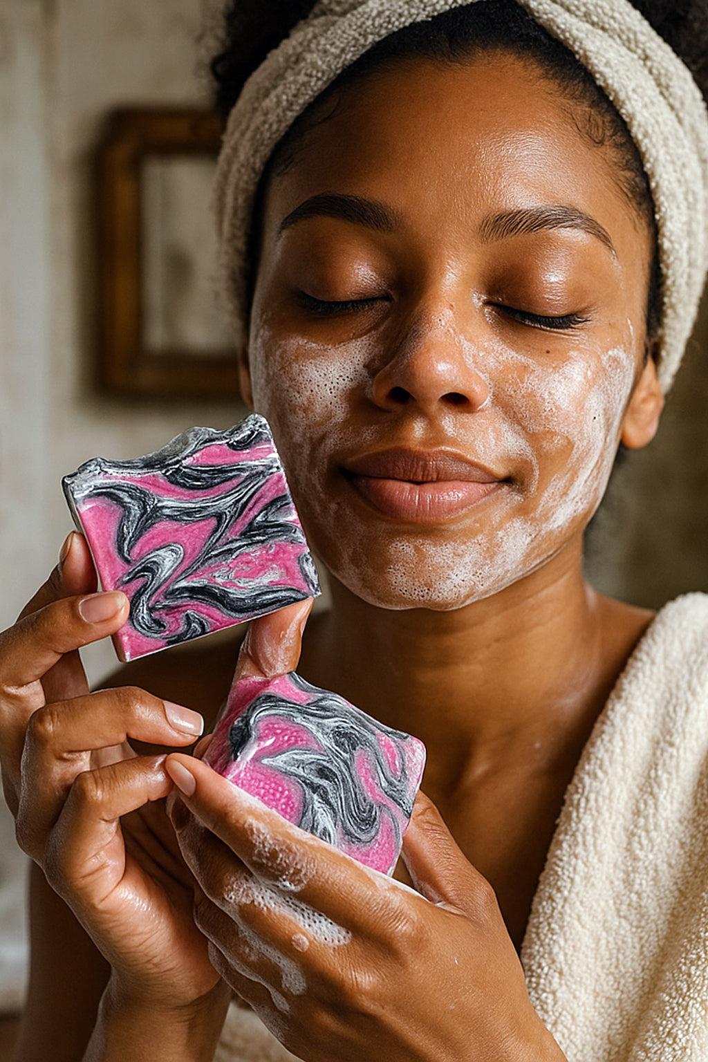 Girl washing face with O My! Artisan Black Raspberry Vanilla Goat Milk Soap bars
