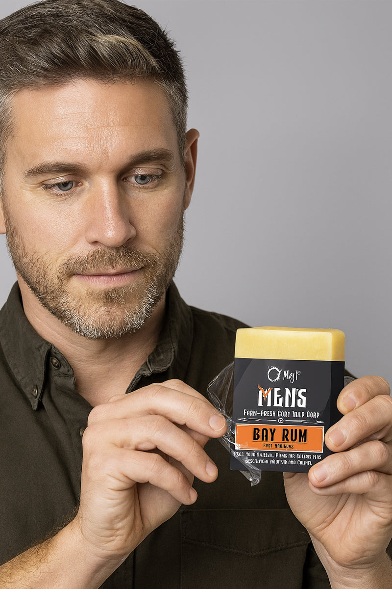 A guy removing the label of an O My! Men's Bay Rum traveler goat milk soap