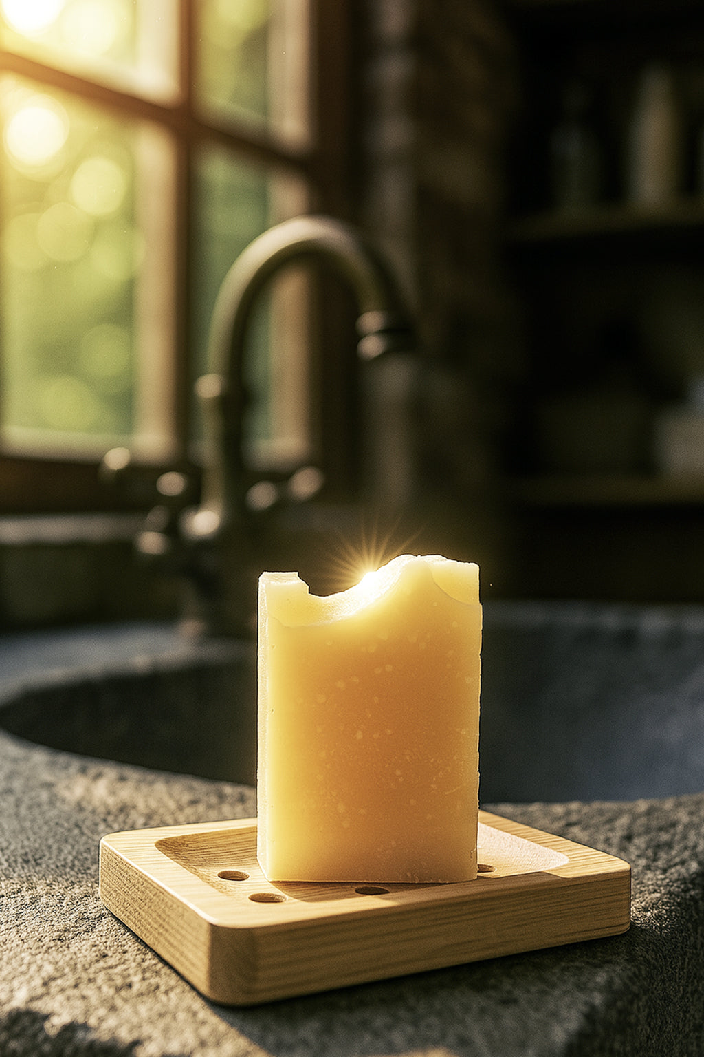 An O My! goat milk traveler soap is sitting on a wood soap dish with holes in it to allow the soap to dry on all sides.