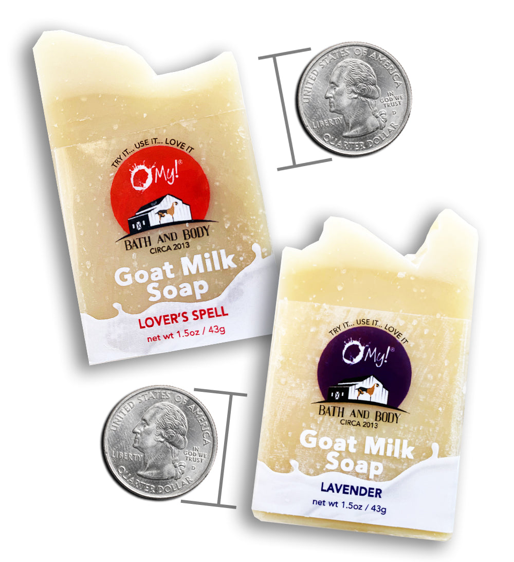 O My! Goat Milk Hotel Sized Bar soaps in over 20 fragrances.  Quarters are there for size reference.  Short & wide or tall & skinny, we aim for a 1.5oz bar soap.  Fortunately, these are handmade and hand cut.  Enjoy!