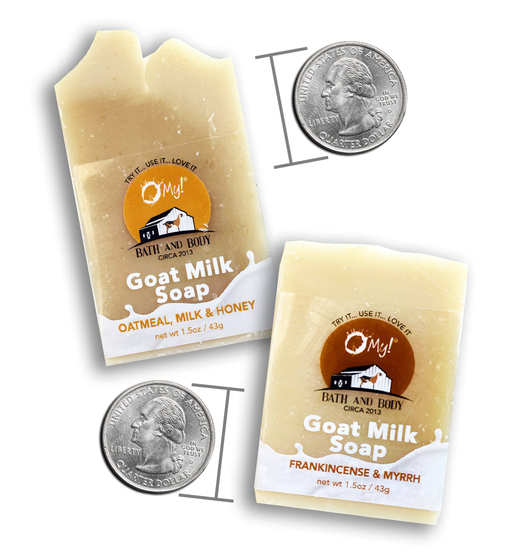 O My! Goat Milk Hotel Sized Bar soaps in over 20 fragrances.  Quarters are there for size reference.  Short & wide or tall & skinny, we aim for a 1.5oz bar soap.  Fortunately, these are handmade and hand cut.  Enjoy!