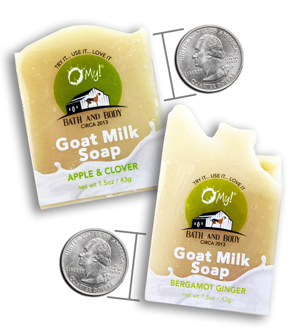 O My! Goat Milk Hotel Sized Bar soaps in over 20 fragrances.  Quarters are there for size reference.  Short & wide or tall & skinny, we aim for a 1.5oz bar soap.  Fortunately, these are handmade and hand cut.  Enjoy!
