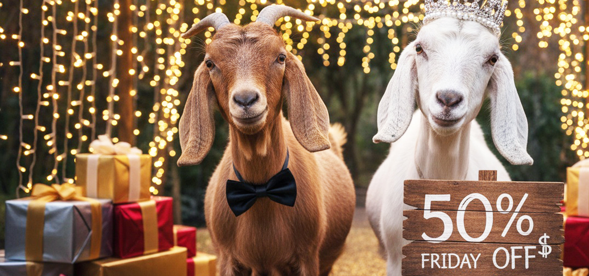 Two O My! Bath and Body goats divas, one brown and one white, standing in front of Christmas decorations with a '50% Friday Off' sign.