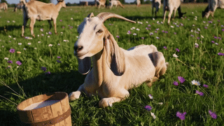 Nubian Goat laying in a green pasture with lots of flowers, shaking his head causing his ears to flop around.  There are lots of goats in the background and a bucket full of raw goat milk sitting beside the front goat.