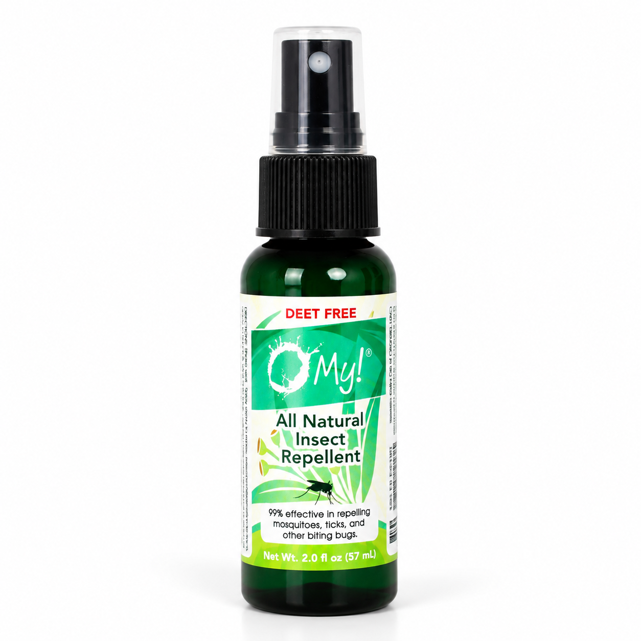 A 2.0 fl oz bottle of O Myl All Natural Insect Repellent, featuring a dark green bottle, black spray nozzle, and a white and green label with 'DEET FREE' printed at the top.