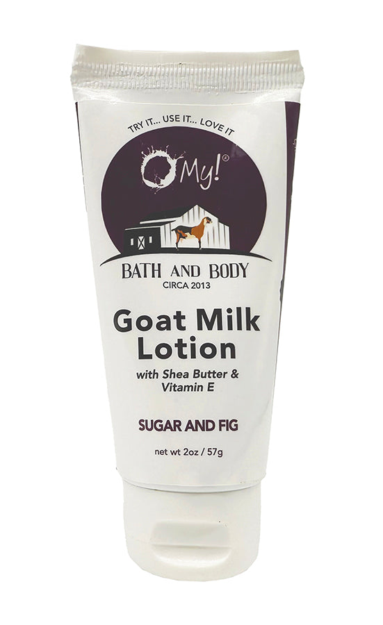 Tube of O My! Bath and Body Goat Milk Lotion in Sugar & Fig fragrance oil with raw goat milk, Shea Butter & Vitamin E on a white background