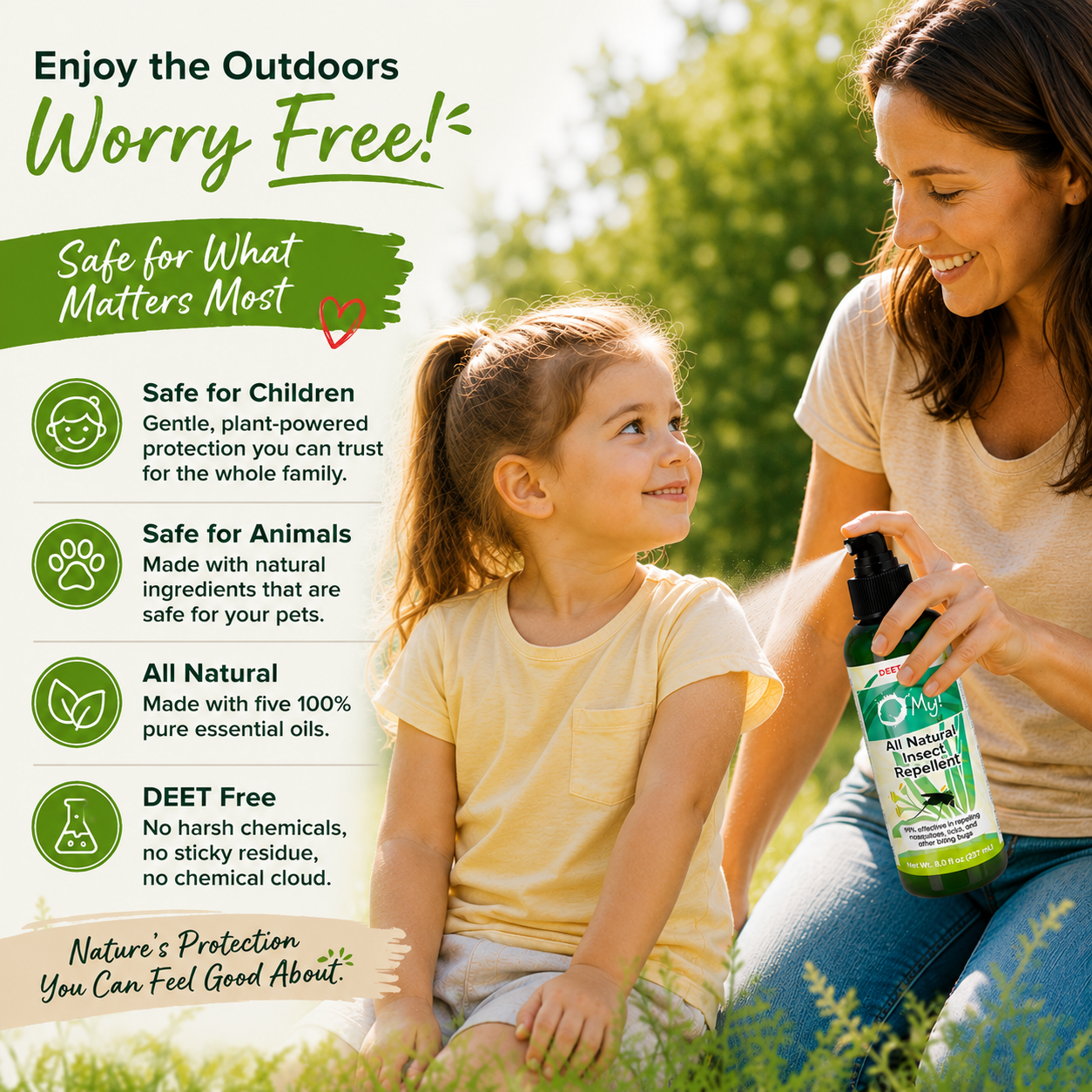A woman and a young girl sitting outdoors in grass while the woman sprays the girl's arm with a green and white bug spray bottle. The left side features text highlighting product benefits such as being safe for children, animals, and natural ingredients.