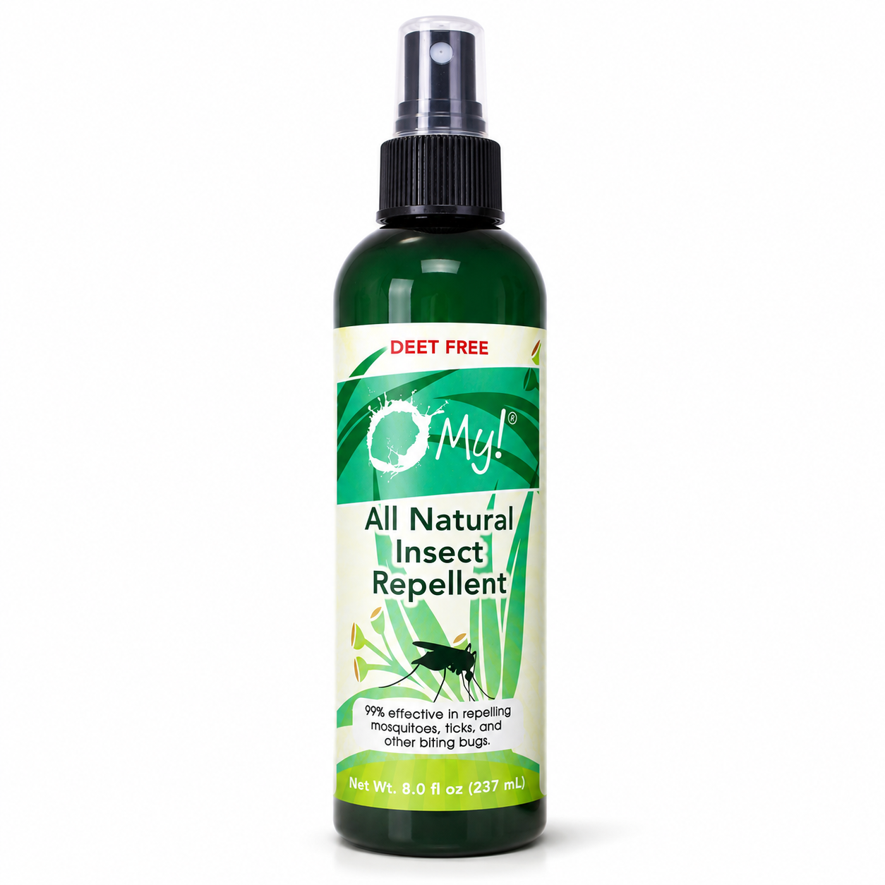 A 8.0 fl oz spray bottle of O Myl All Natural Insect Repellent, featuring a dark green bottle, black spray nozzle, and a white and green label.