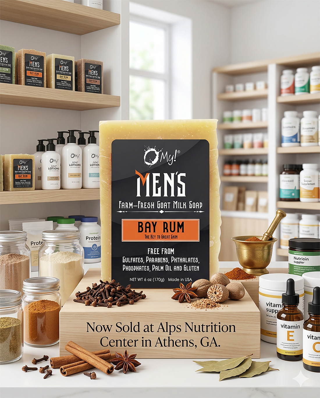 O My! Men's Goat Milk Soap scented in Bay Rum is now sold at Alps Nutrition Center in Athens, GA