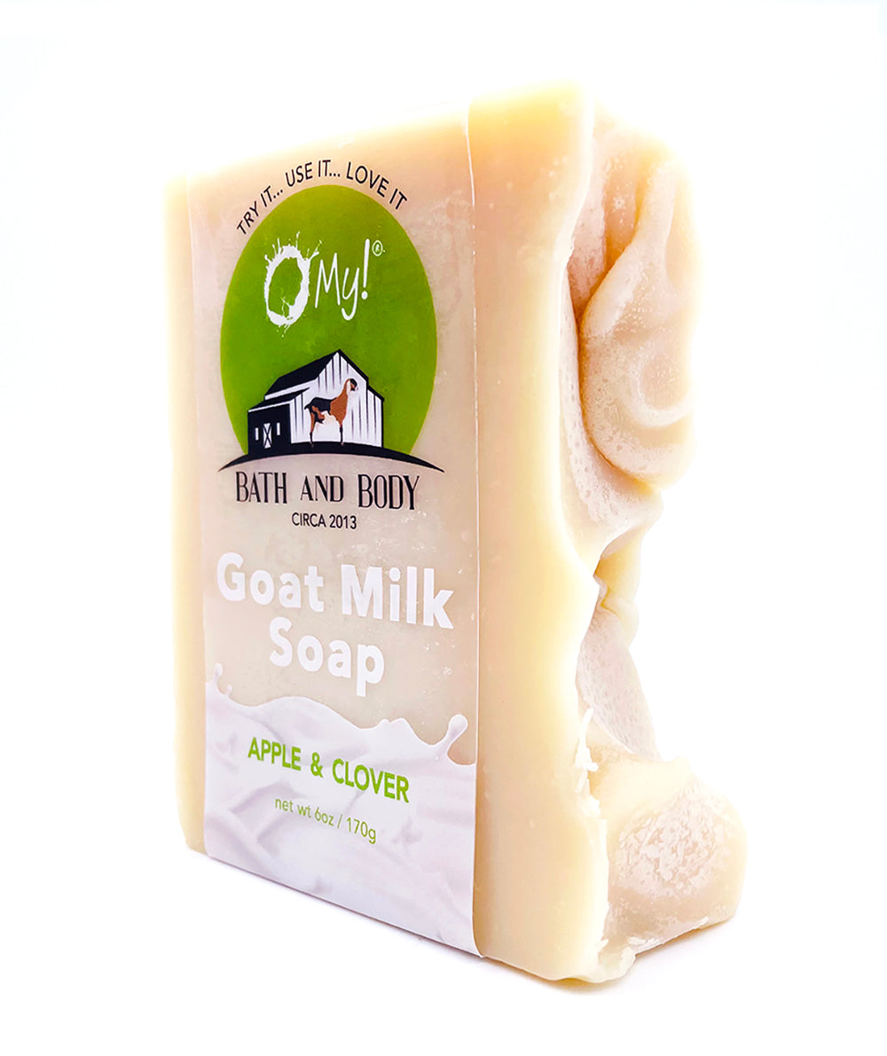 O My! Goat Milk Bar Soap Apple & Clover handcrafted in the USA and all natural made with raw goat milk sourced from US goat farms.