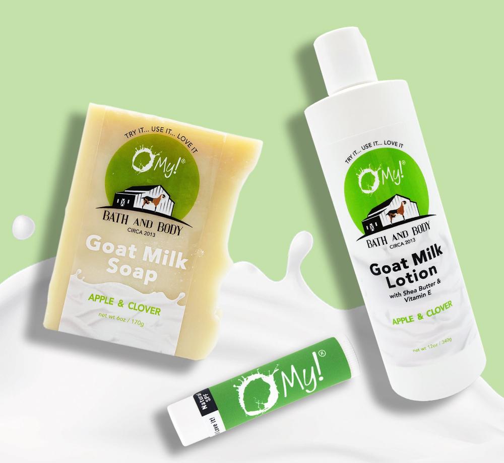 O My! Milky Moisture Bundle Goat Milk Soap, Lotion, Lip Balm in Apple & Clover