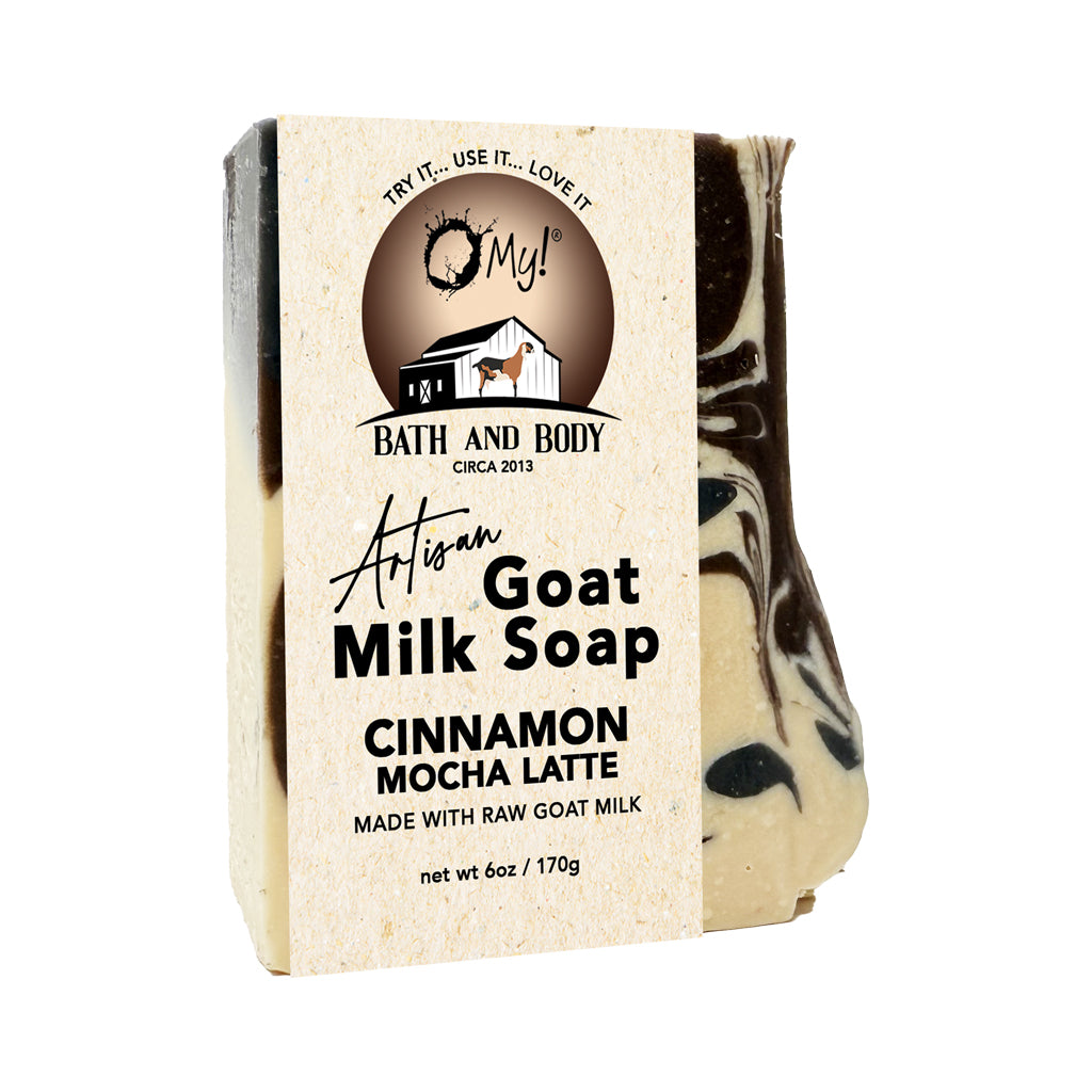 O My! Artisan Cinnamon Mocha Latte Goat milk soap bar with minimalistic eco packaging.