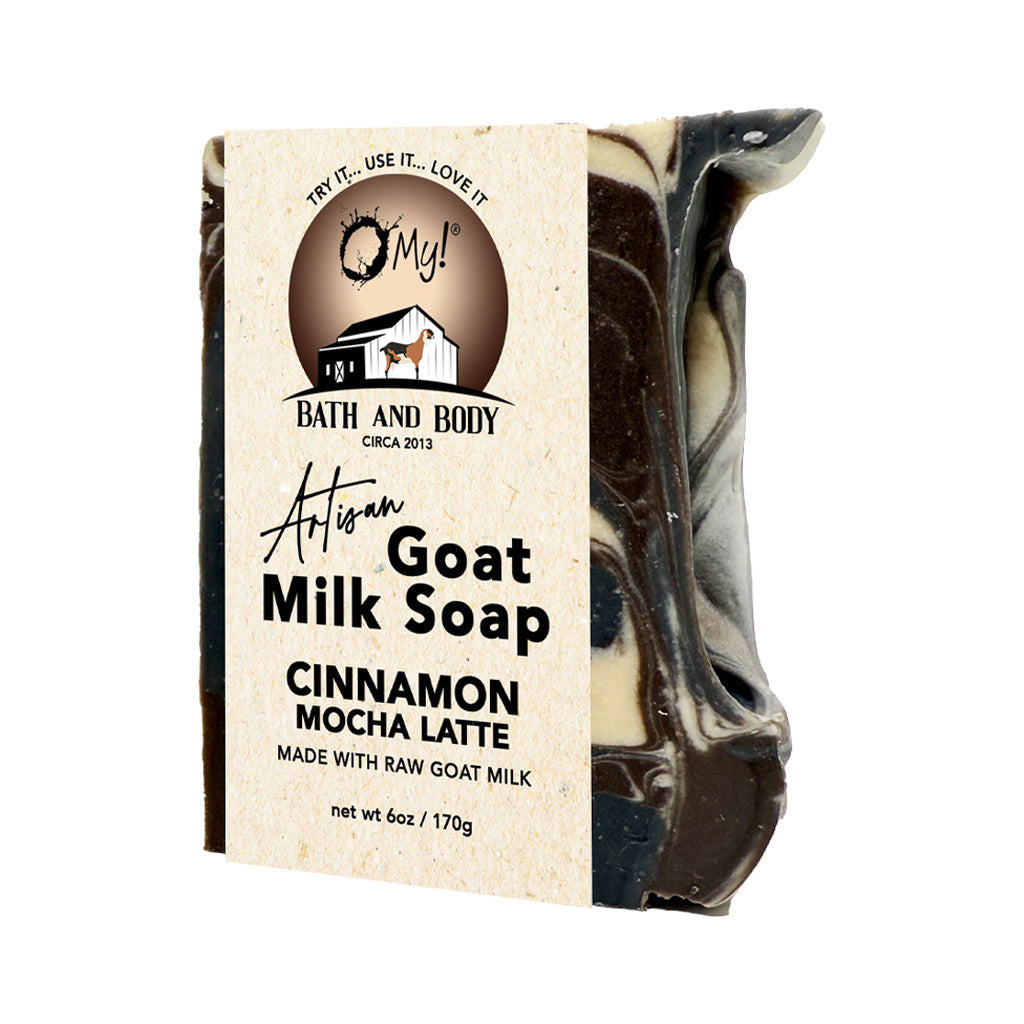 O My! Artisan Cinnamon Mocha Latte Goat milk soap bar with minimalistic eco packaging.