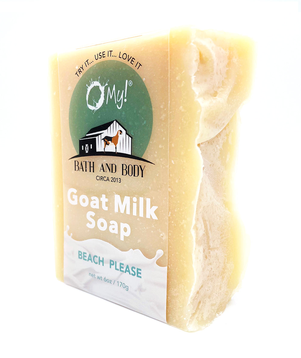 O My! Goat Milk Bar Soap Beach Please handcrafted in the USA and all natural made with raw goat milk sourced from US goat farms.