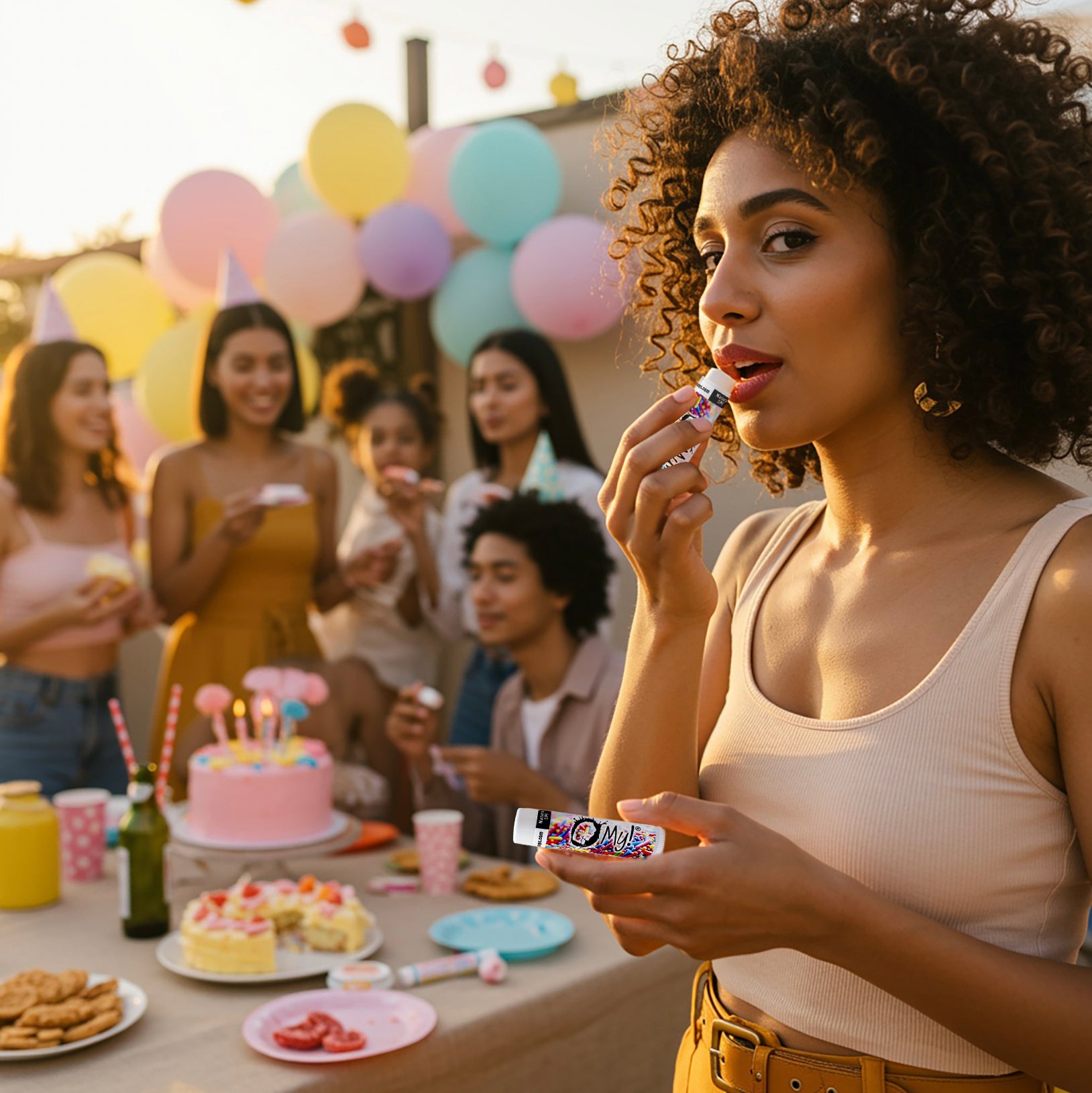 O My! Candy Goat Milk Lip Balm - Birthday Cake lady applying lip balm at an outdoor birthday party with friends