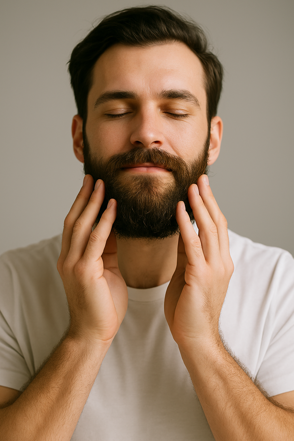 Man with a beard touching his face and massaging O My! Beard Oil into his beard.  Background is neutral.