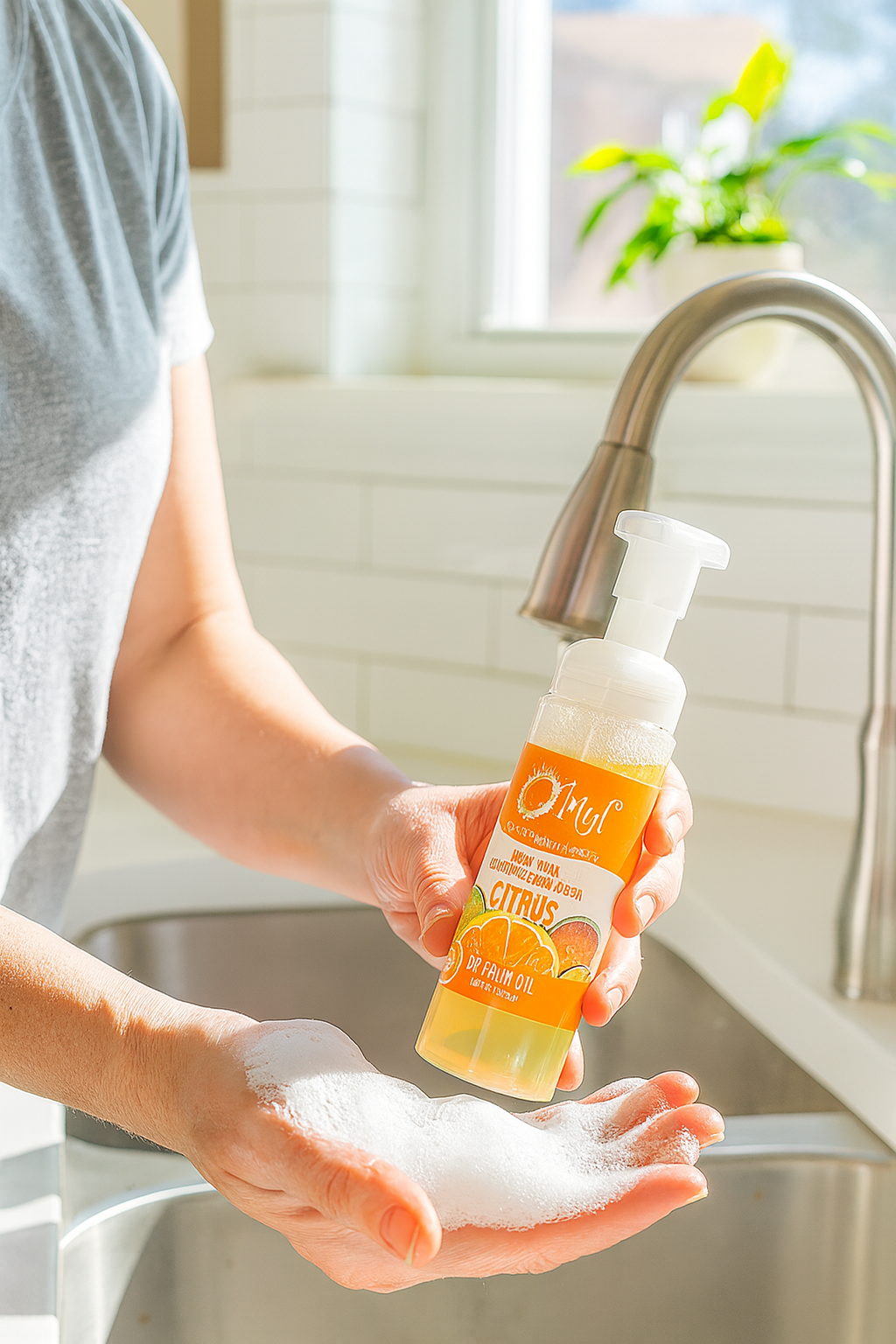 Person holding a bottle of O My! foaming hand wash soap with soapy hands in a kitchen.