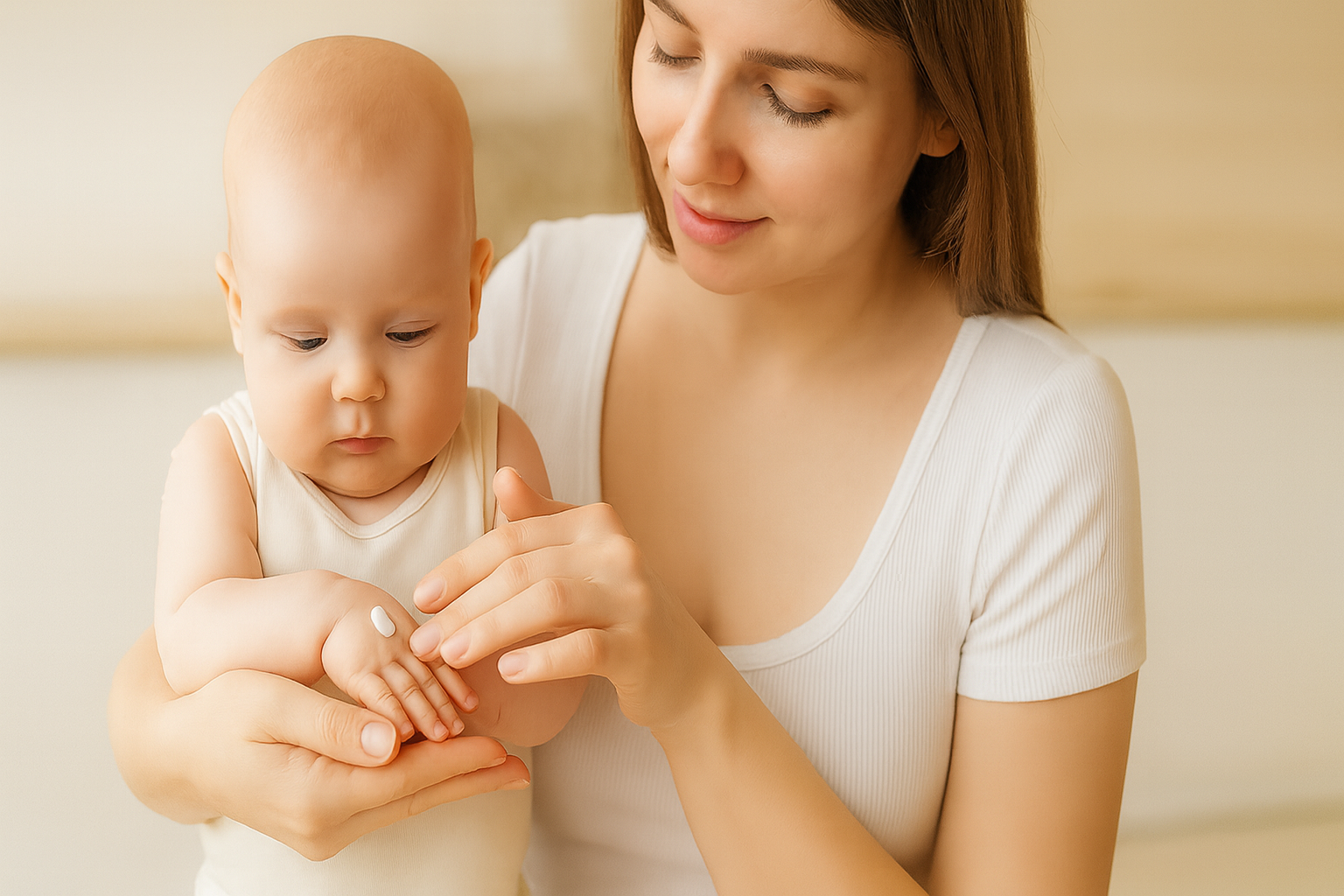 Woman holding a baby's hand in a warm indoor setting, putting O My! lotion on her hand.