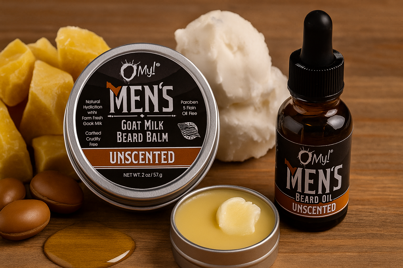 O My! Goat Milk Beard Balm and Beard Oil are sitting on a table with all natural ingredients.
