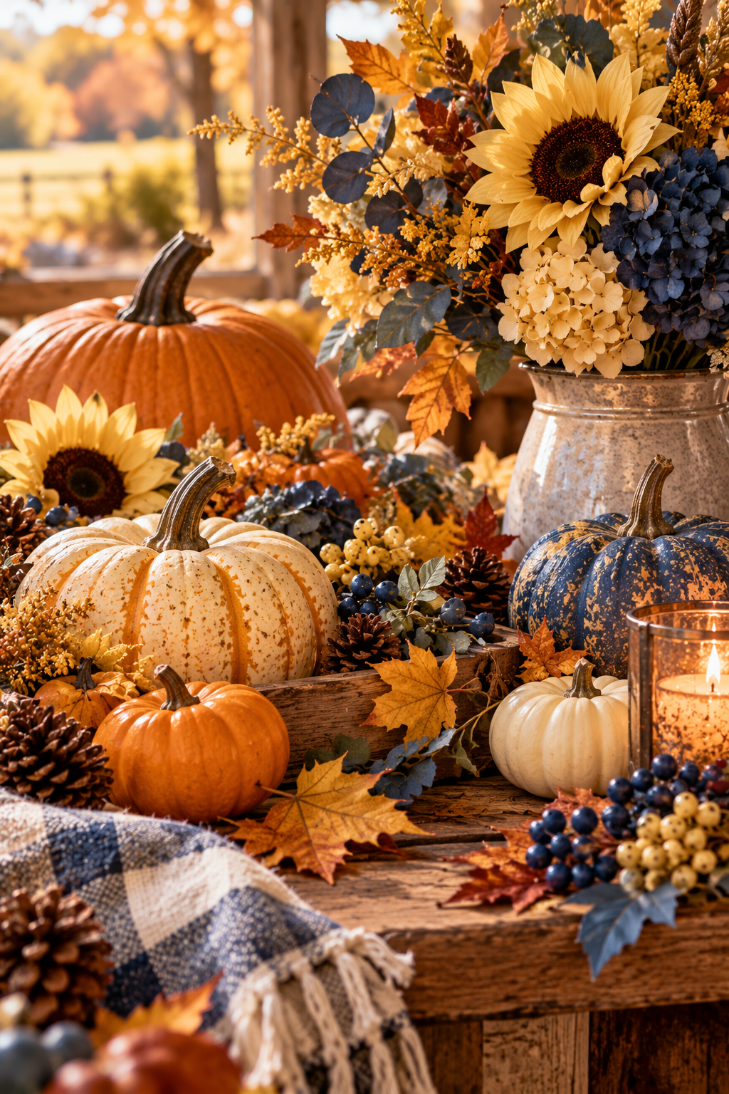 A rustic autumn tabletop arrangement with multiple pumpkins in orange, cream, and blue-gray, sunflowers, fall leaves, pinecones, blue berries, a galvanized vase filled with autumn florals, and a lit candle in a glass holder.