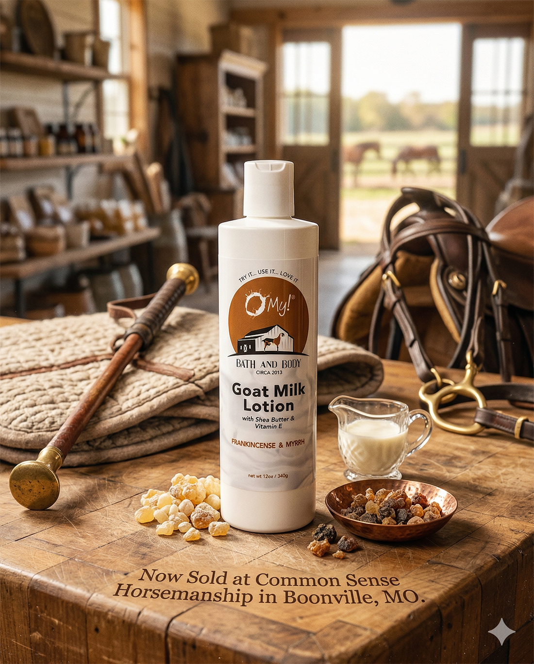 O My! Goat Milk lotion in Frankincense and Myrrh essential oil now sold at Common Sense Horsemanship in Boonville, MO