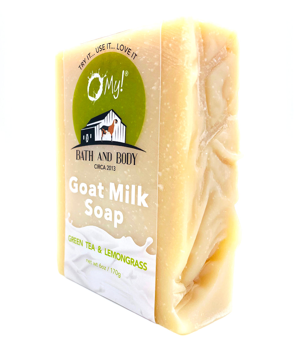 O My! Goat Milk Bar Soap Green Tea & Lemongrass handcrafted in the USA and all natural made with raw goat milk sourced from US goat farms.