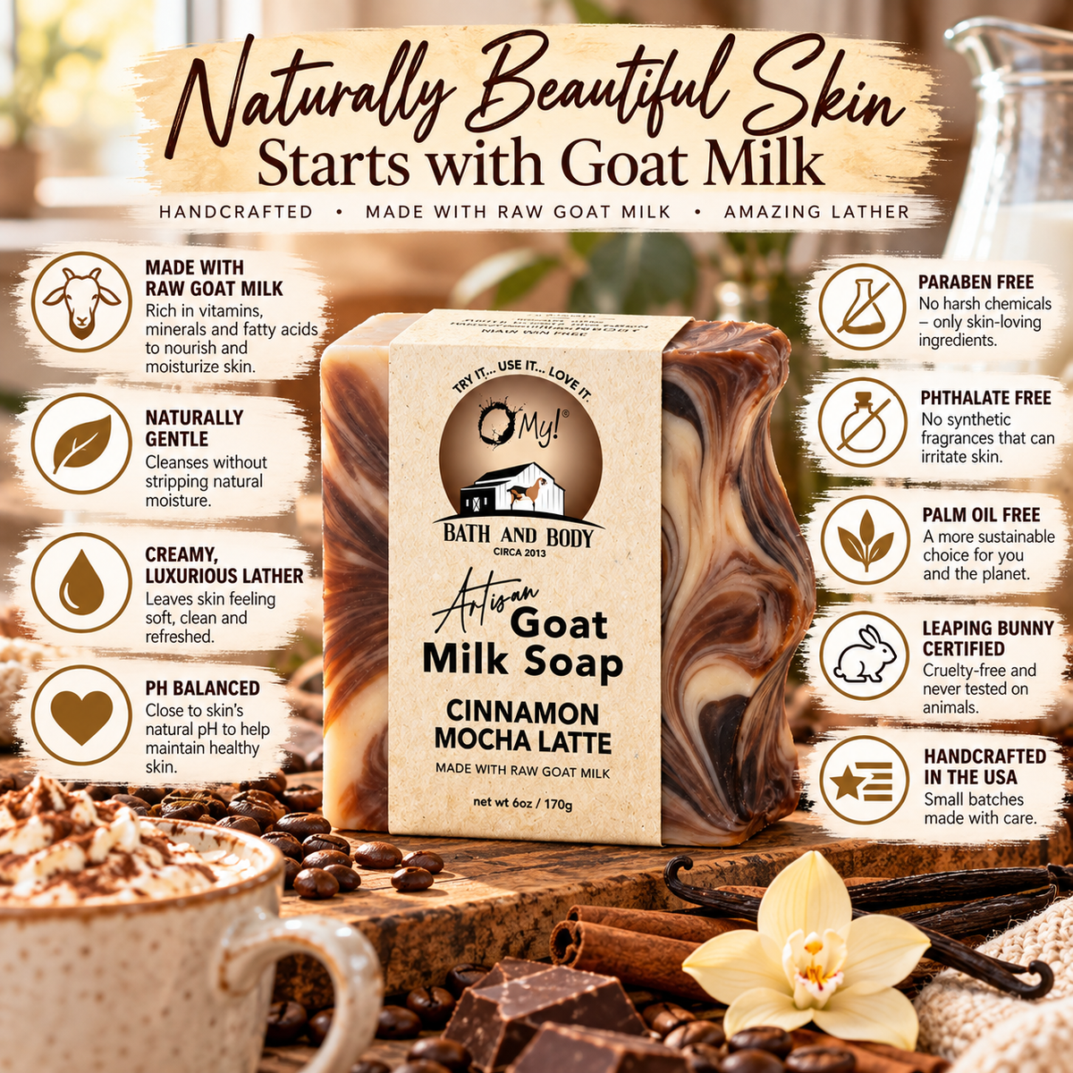 O My! Bath and Body Artisan Goat Milk Soap in Cinnamon Mocha Latte, surrounded by promotional text callouts on a rustic wood background with coffee beans, a mug, and a white flower.