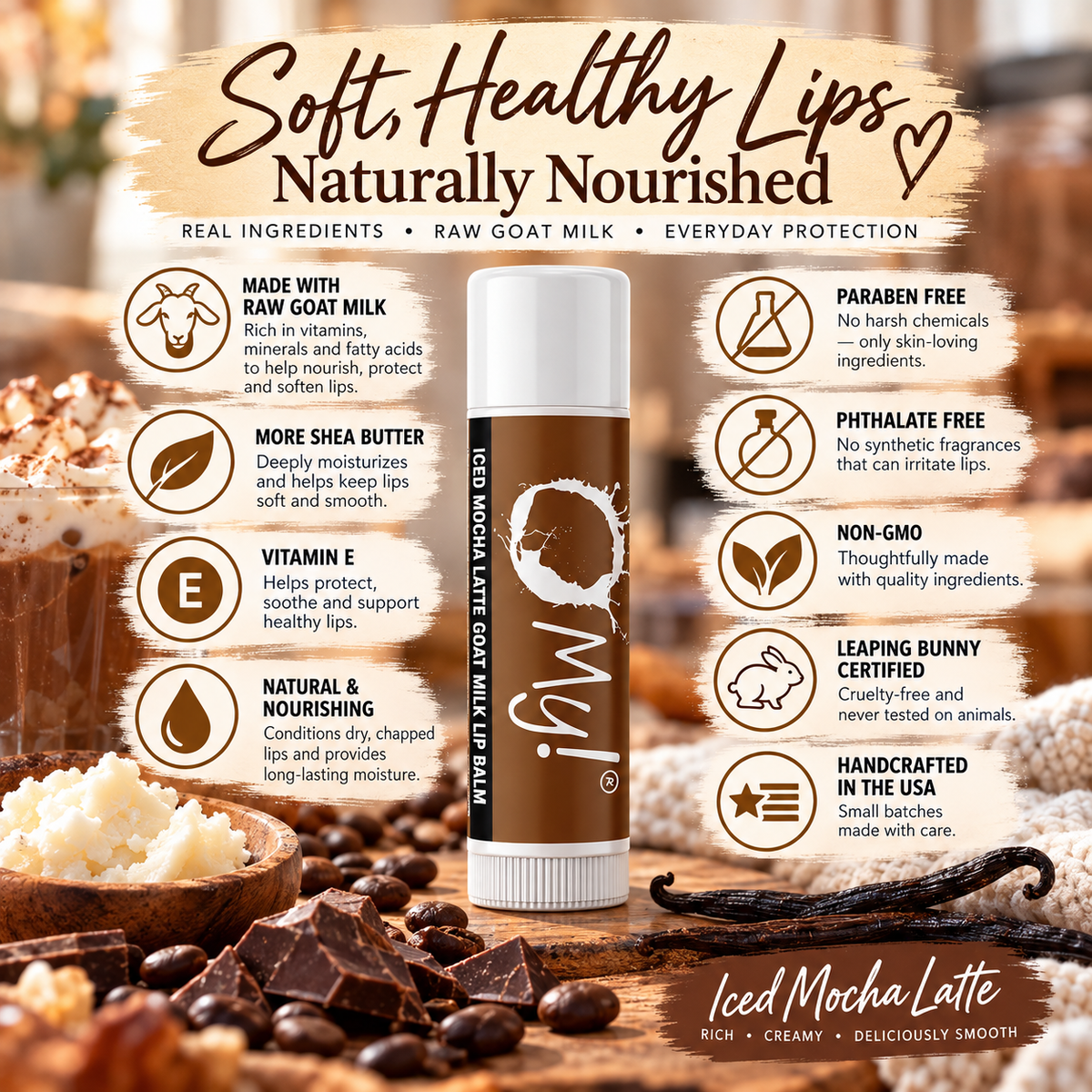 O My! goat milk  lip balm Iced Mocha Latte shown on a branded promotional background with ingredient callouts and icons. The product itself is a white tube with a warm brown label and white cap.