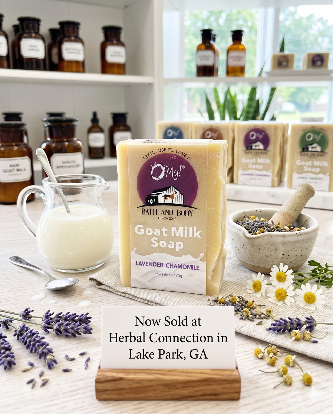 O My! Goat milk soap with lavender chamomile scent on a wooden stand, now sold at Herbal Connection in Lake Park, GA