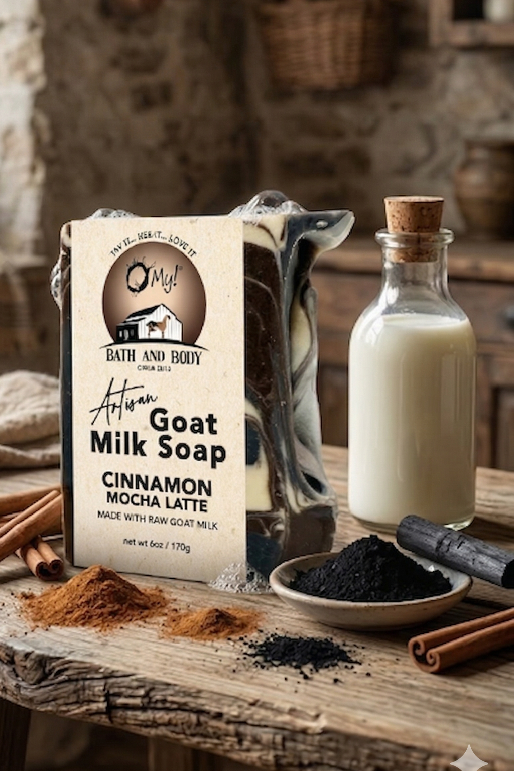 O My! Goat milk soap packaging with cinnamon, mocha and raw goat milk in a glass bottle on a wooden surface.