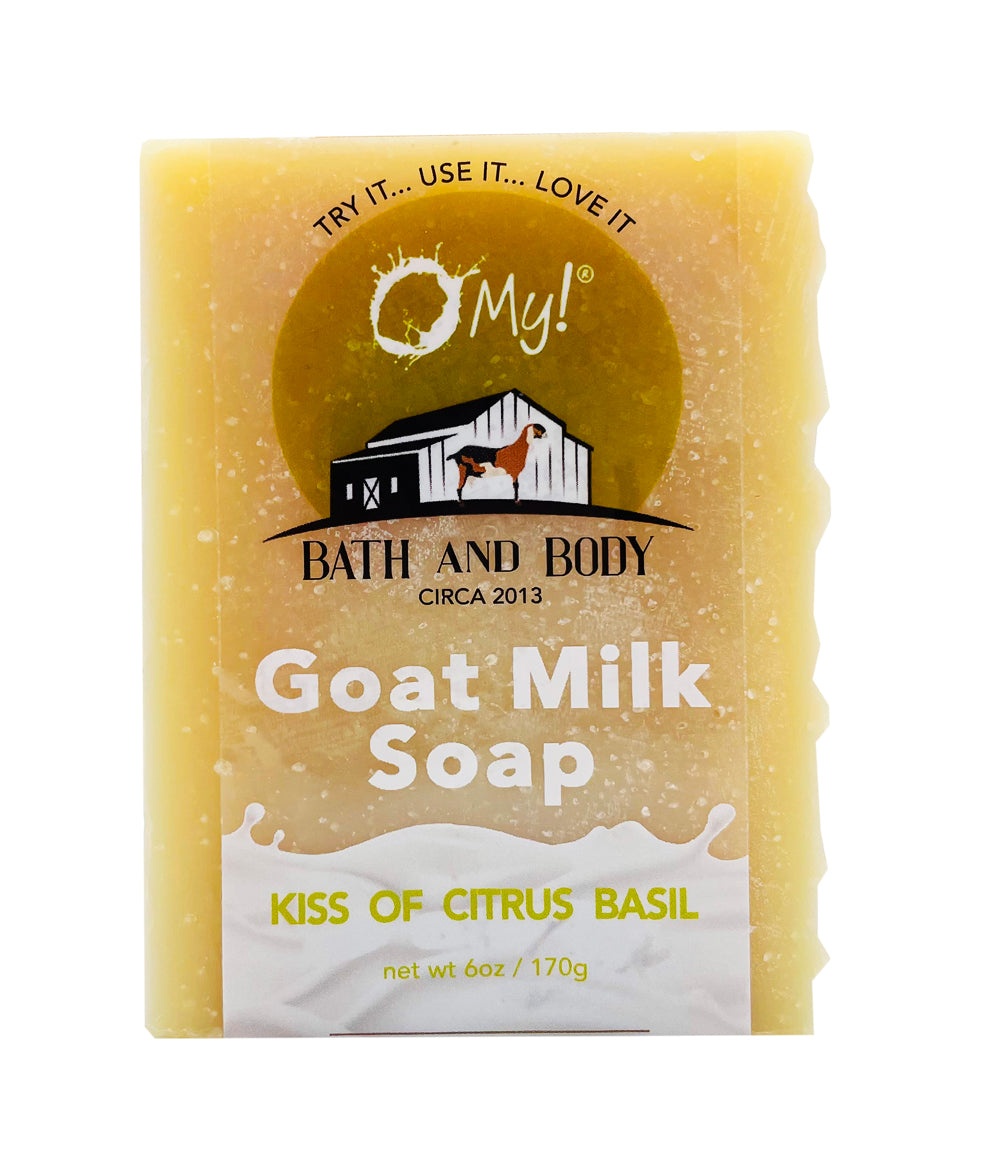 O My! Goat Milk Bar Soap Kiss of Citrus Basil handcrafted in the USA and all natural made with raw goat milk sourced from US goat farms.