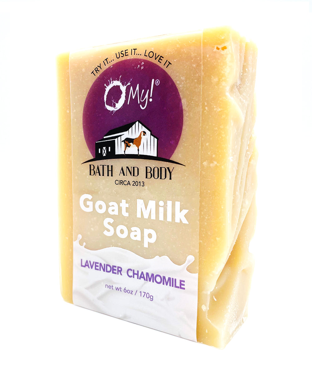 O My! Goat Milk Bar Soap Lavender Chamomile handcrafted in the USA and all natural made with raw goat milk sourced from US goat farms.
