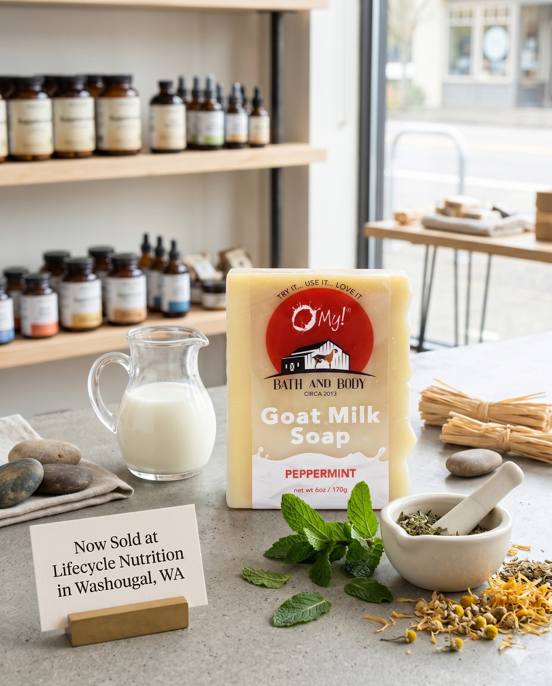 O My! Goat milk soap with peppermint essential oil now sold at Lifecycle Nutrition in Washougal, WA.