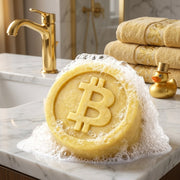 O My! Goat Milk Soap puck with Bitcoin symbol on a marble sink in a bathroom setting
