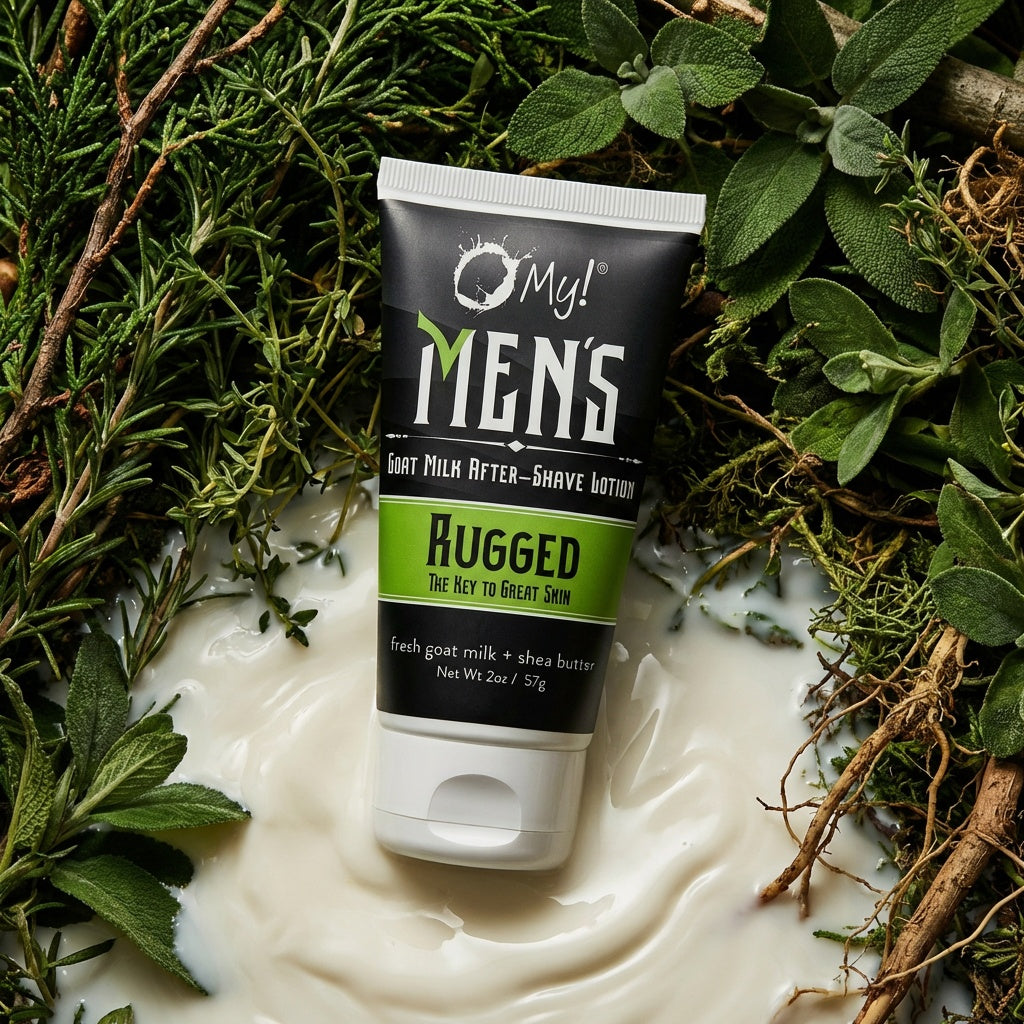 Tube of O My! Men's After-Shave Lotion on a textured surface with greenery and creamy milk background.
